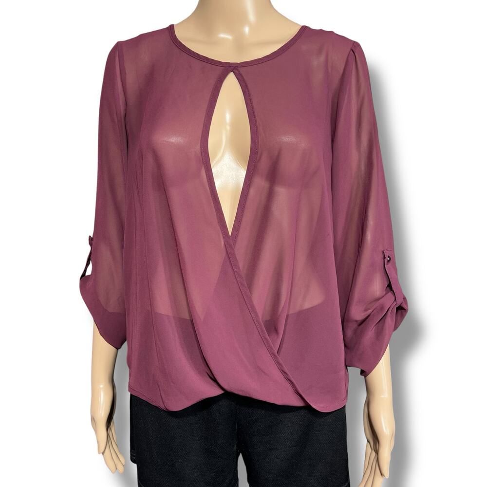 Maurices Womens Sheer Blouse Top Pullover Keyhole Wrap Front High Low Hem Red M